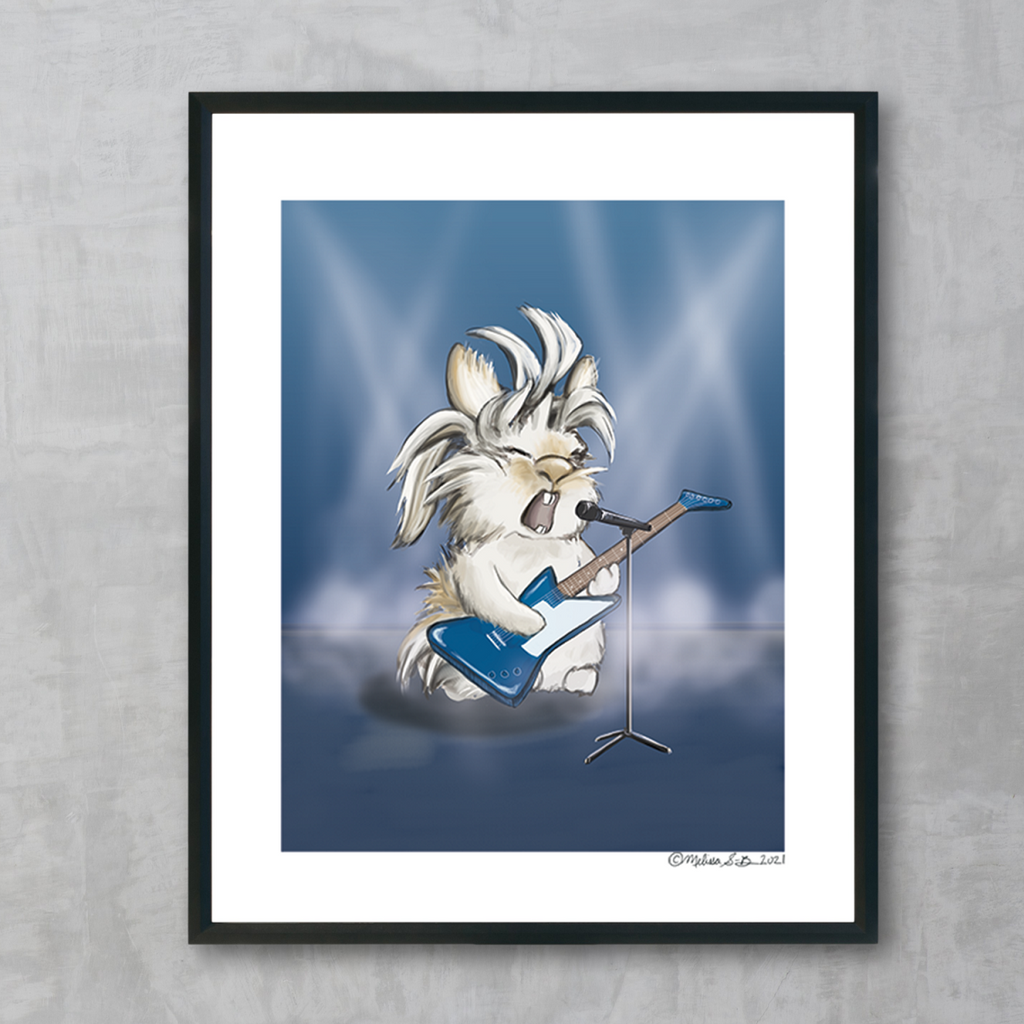 A fine art print featuring a fluffy bunny playing a rock guitar and singing on stage