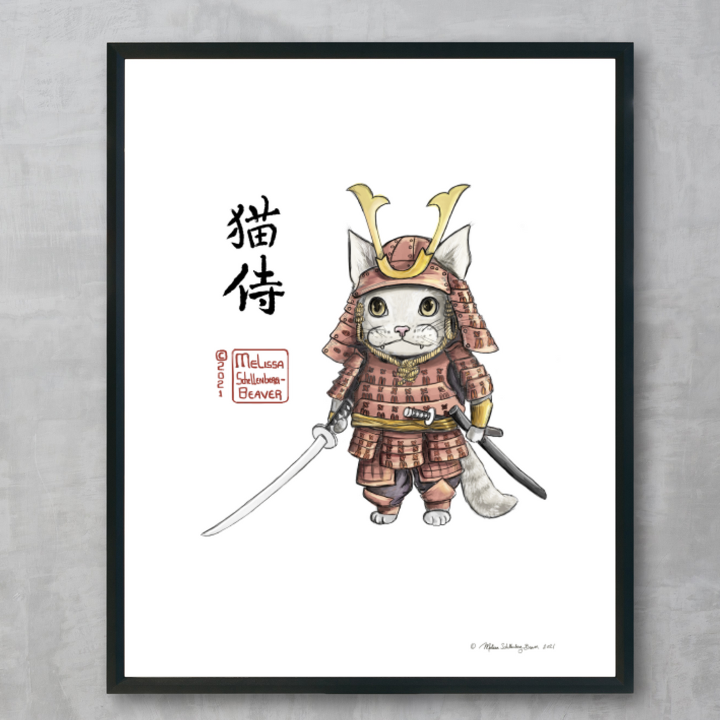 A fine art print a cat dressed in a red Samurai armor holding a katana