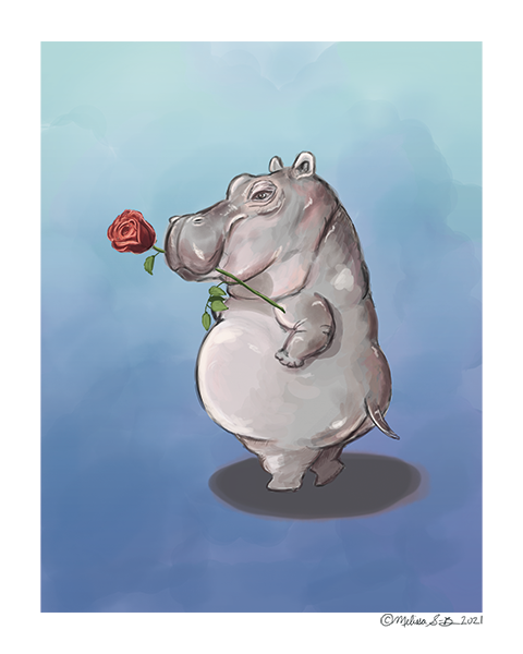 A fine art print featuring a flirtatious hippopotamous in a sexy pose with a rose between his teeth