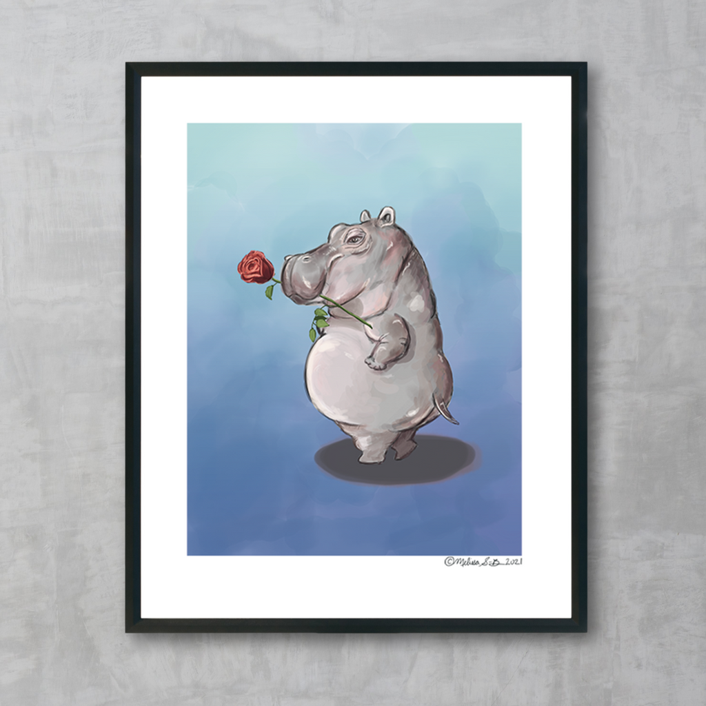 A fine art print featuring a flirtatious hippopotamous in a sexy pose with a rose between his teeth