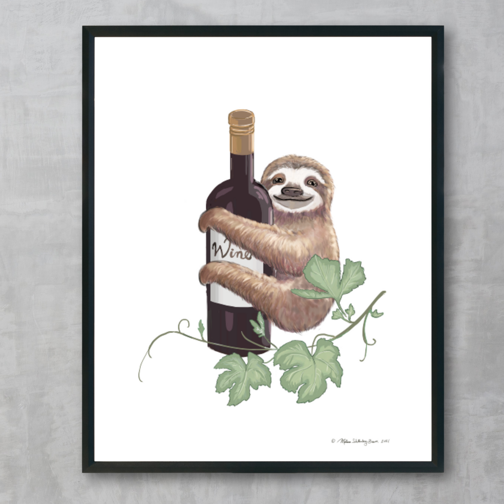 A fine art print featuring a sloth hugging a bottle of wine