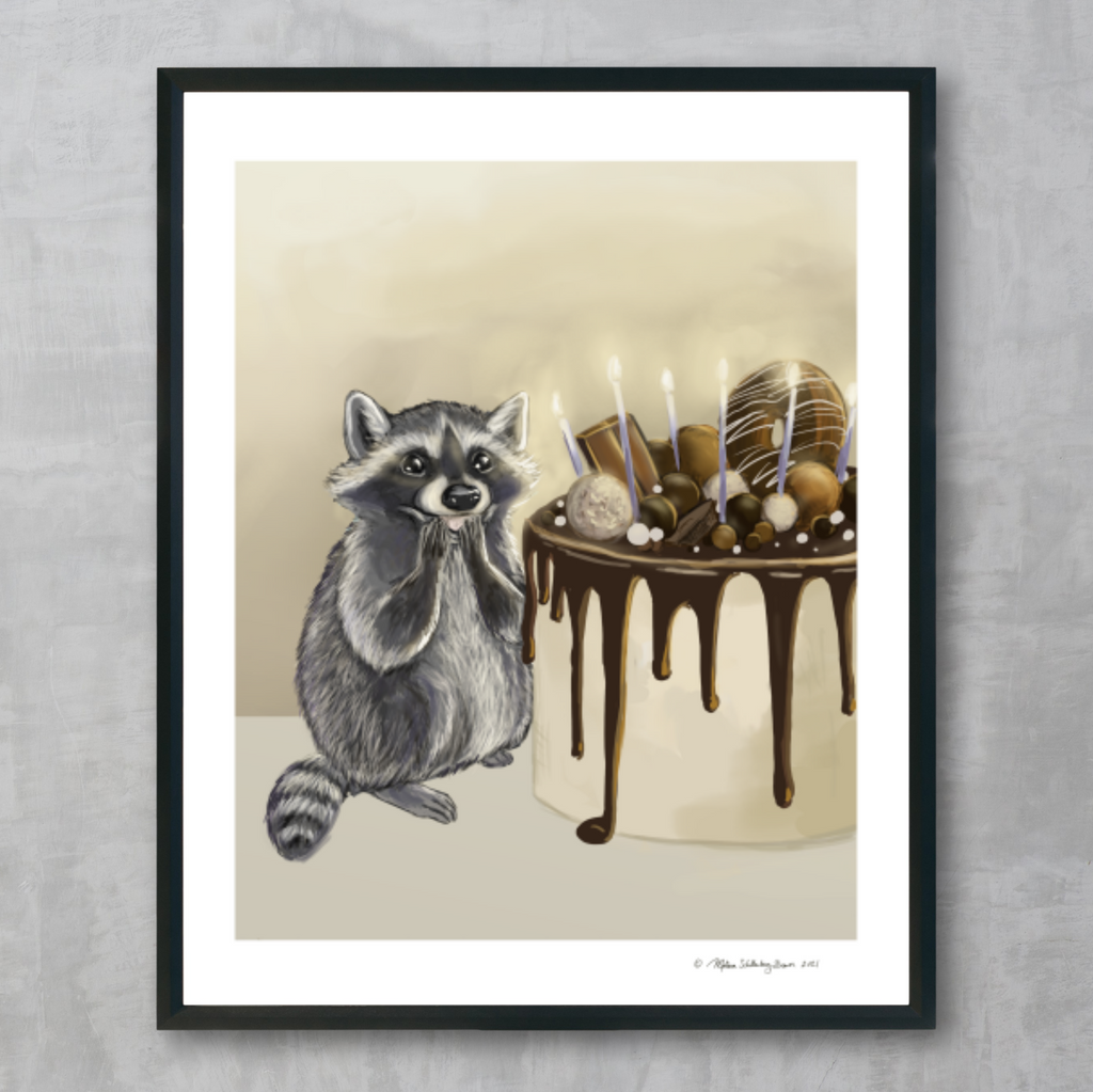 A fine art print featuring a raccoon looking surprised and grateful for a chocolate cake