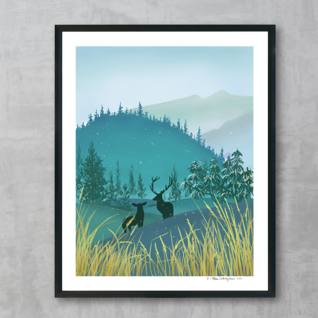 A fine art print two deers standing in the mountains